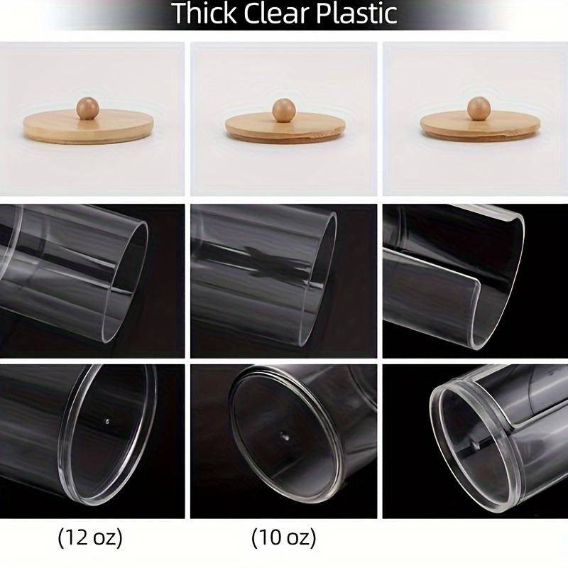 4 Pcs Qtip Holder Dispenser - 10 Oz, 12 Oz Bathroom Organizers Storage Containers, Clear Plastic Apothecary Jars with Wood Lid