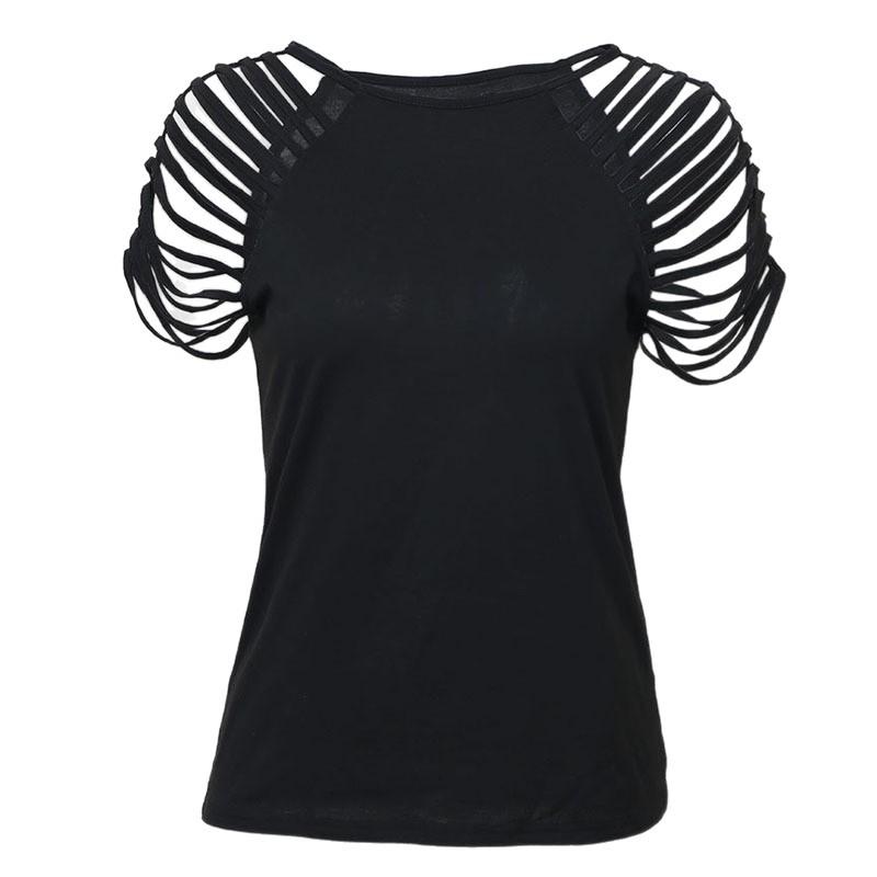 Women's clothing European and American sexy slim-fitting hollow pull-up top fashionable versatile short-sleeved crew neck T-shirt