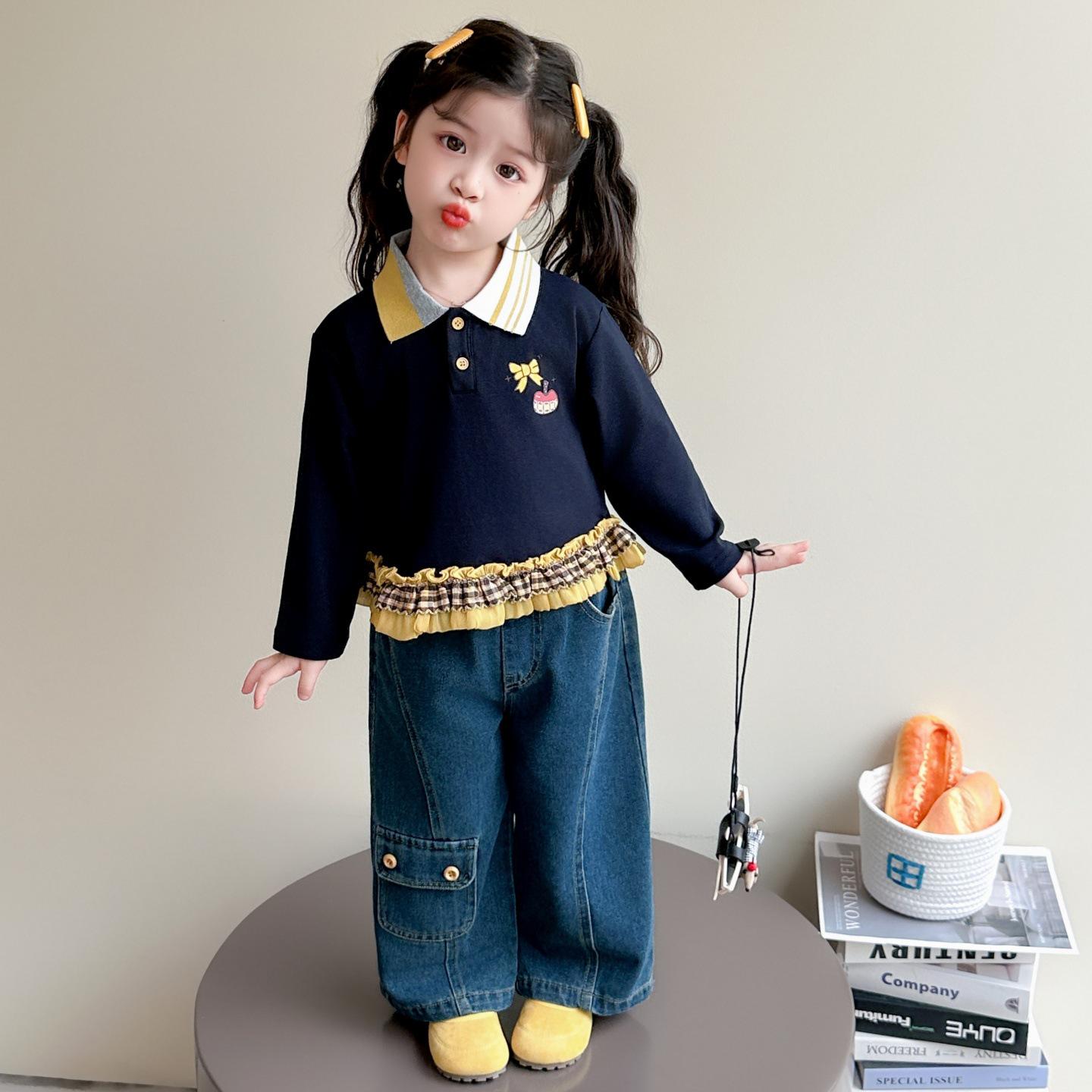 

Girls 2025 Autumn Fashion Set: Trendy Polo Shirt, Sweatshirt, and Jeans 110 cm