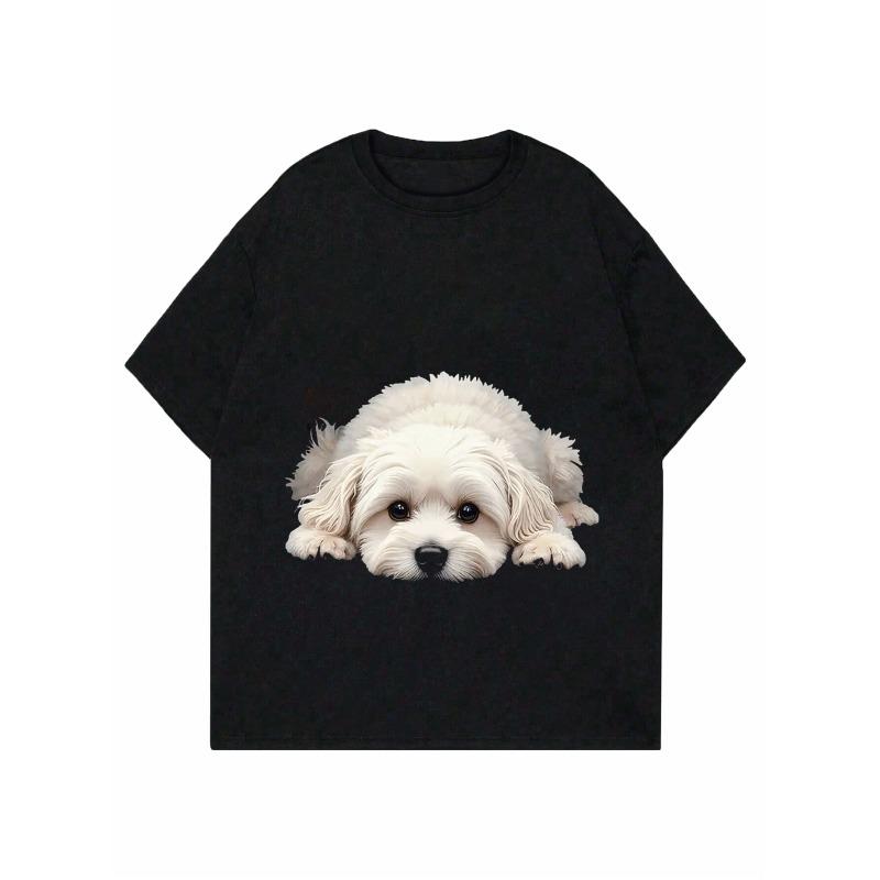 Women Casual Loose T Shirt Black Cute Maltese Dog Print For Daily Wear And Pet Lovers