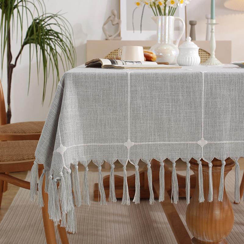 Simple Fabric Plaid Tablecloth Hand-Torn Tassel Imitation Cotton And Linen Dust-Proof Dining Table Mat Decorative Tablecloth Cover Towel