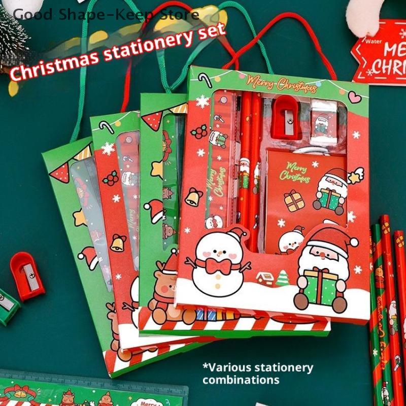 6Pcs/set Cartoon Christmas Kawaii Children Stationery Set Pencil Sharpener Erasers Pencils Rulers School Stationery Supplies