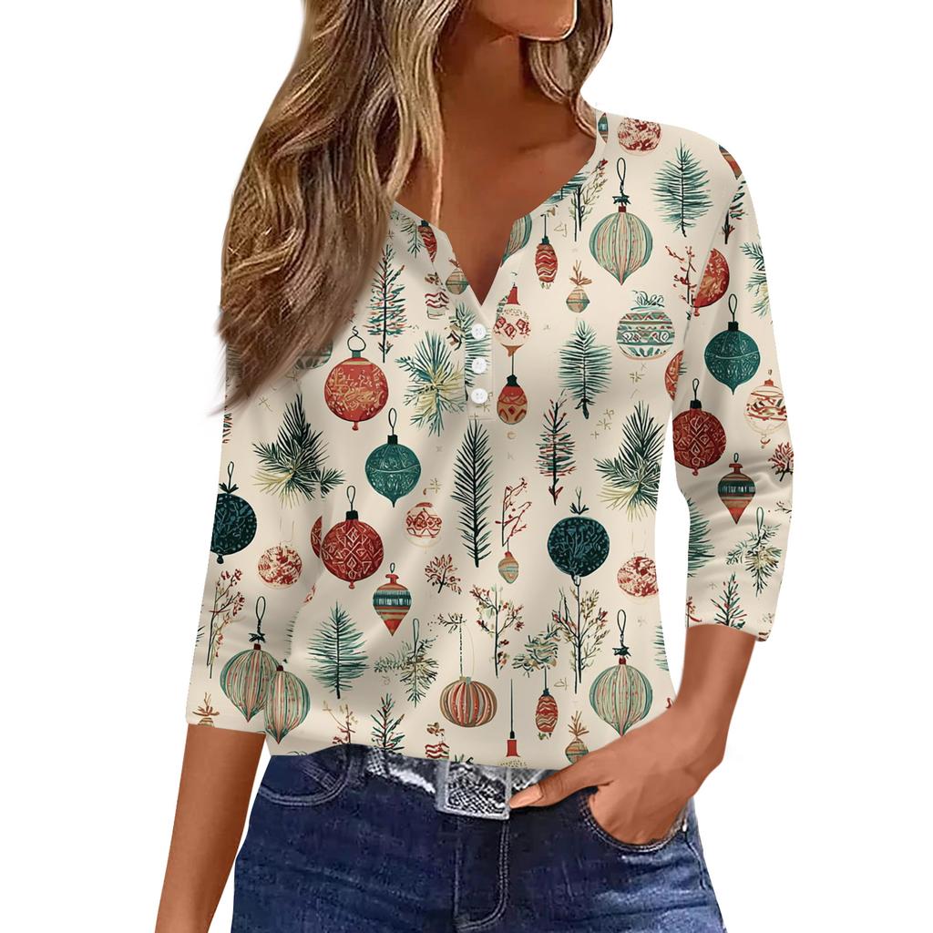 Women's Casual Fashion V-neck Loose Versatile Christmas Print Three-quarter Sleeve Top