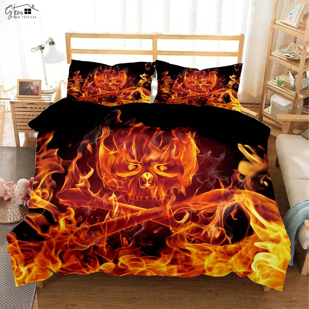Flame Skull Basketball 3D Printed Quilt Cover Pillowcase Bedding Set Three-piece Soft and Comfortable Duvet Cover
