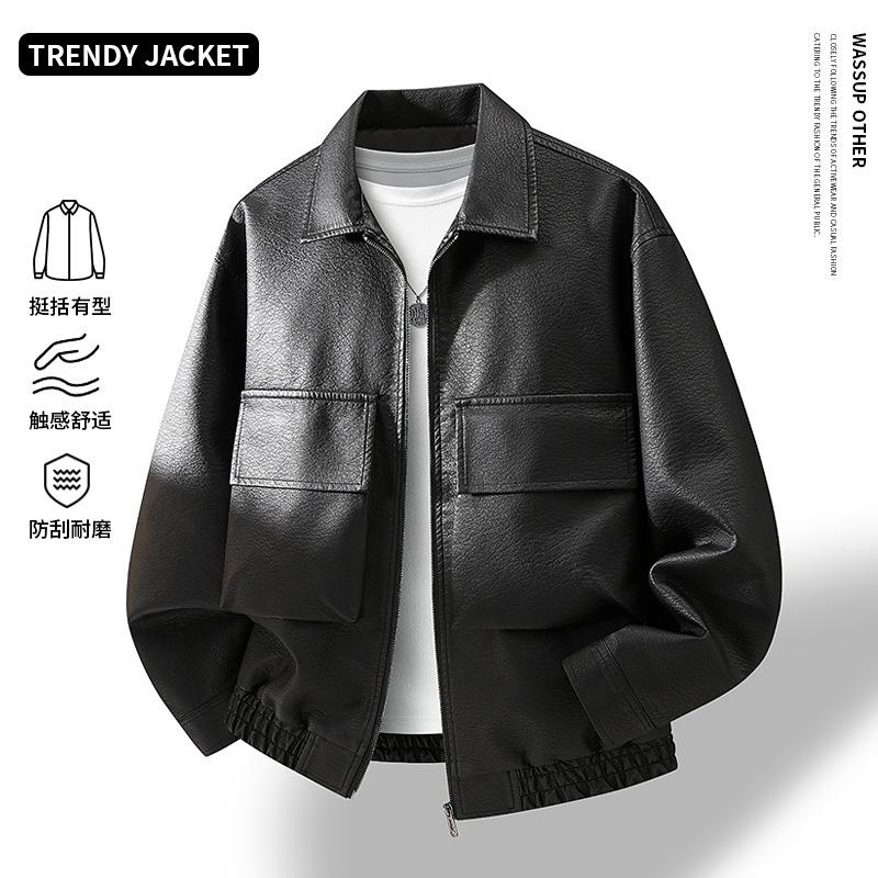 M-XL Leather Jacket Men's Spring and Autumn Men's Lapel Loose Trendy Brand Leather Jacket Fat Fat Fat Large Size Jacket
