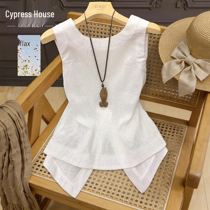 Women s Linen Round Neck Asymmetric Slit Vest Top L