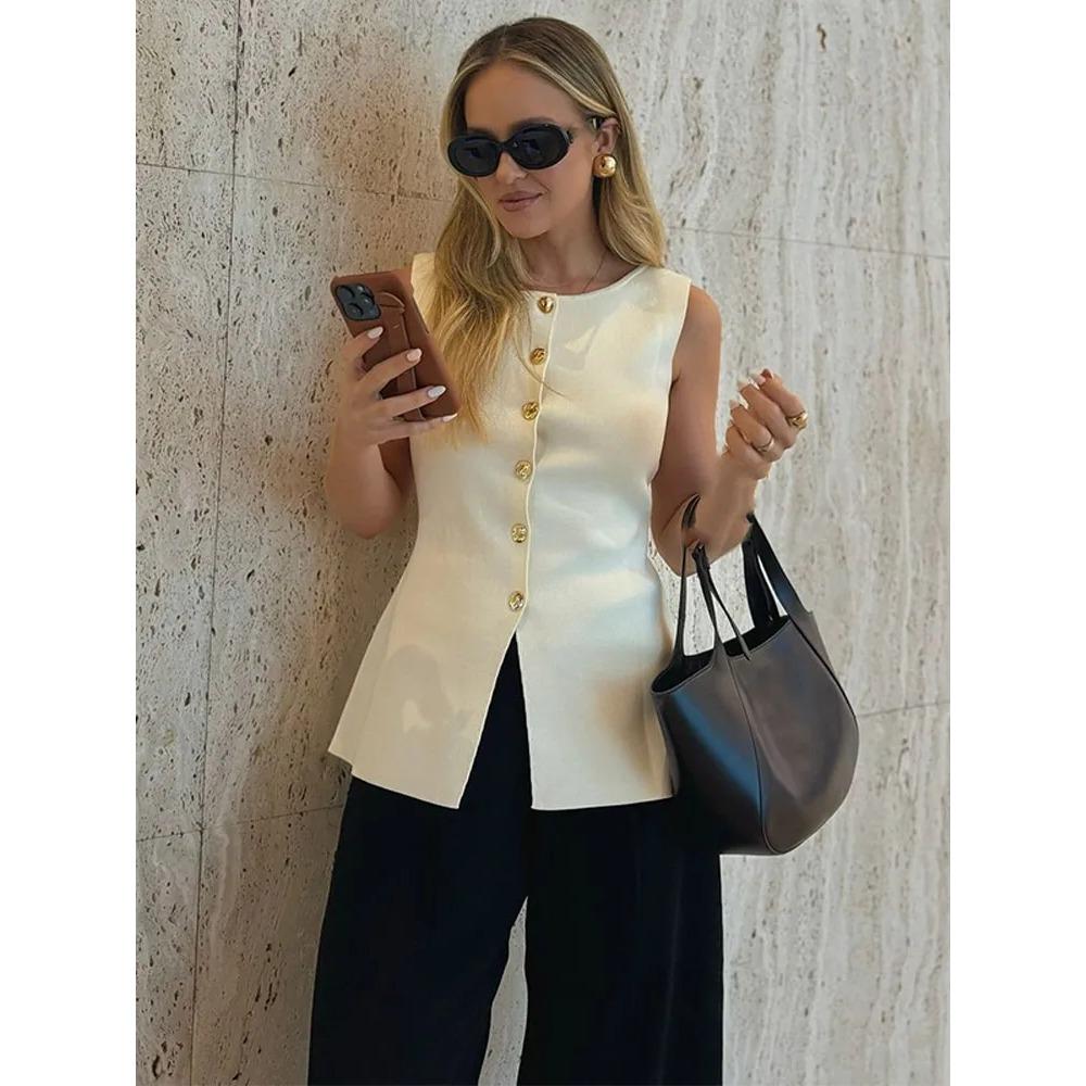 Fashion Golden Single Breasted Sweater Vest for Women Causal Sleeveless V-neck Slim Knit Cardigan Autumn New High Street Tops