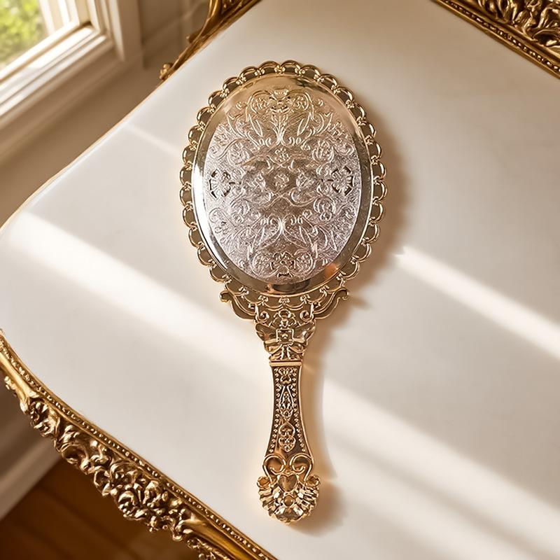 Vintage European Handheld Makeup Mirror Luxury Embossed Flower Hand Mirror Portable Cosmetic Mirror Vanity Tools for Women Gift