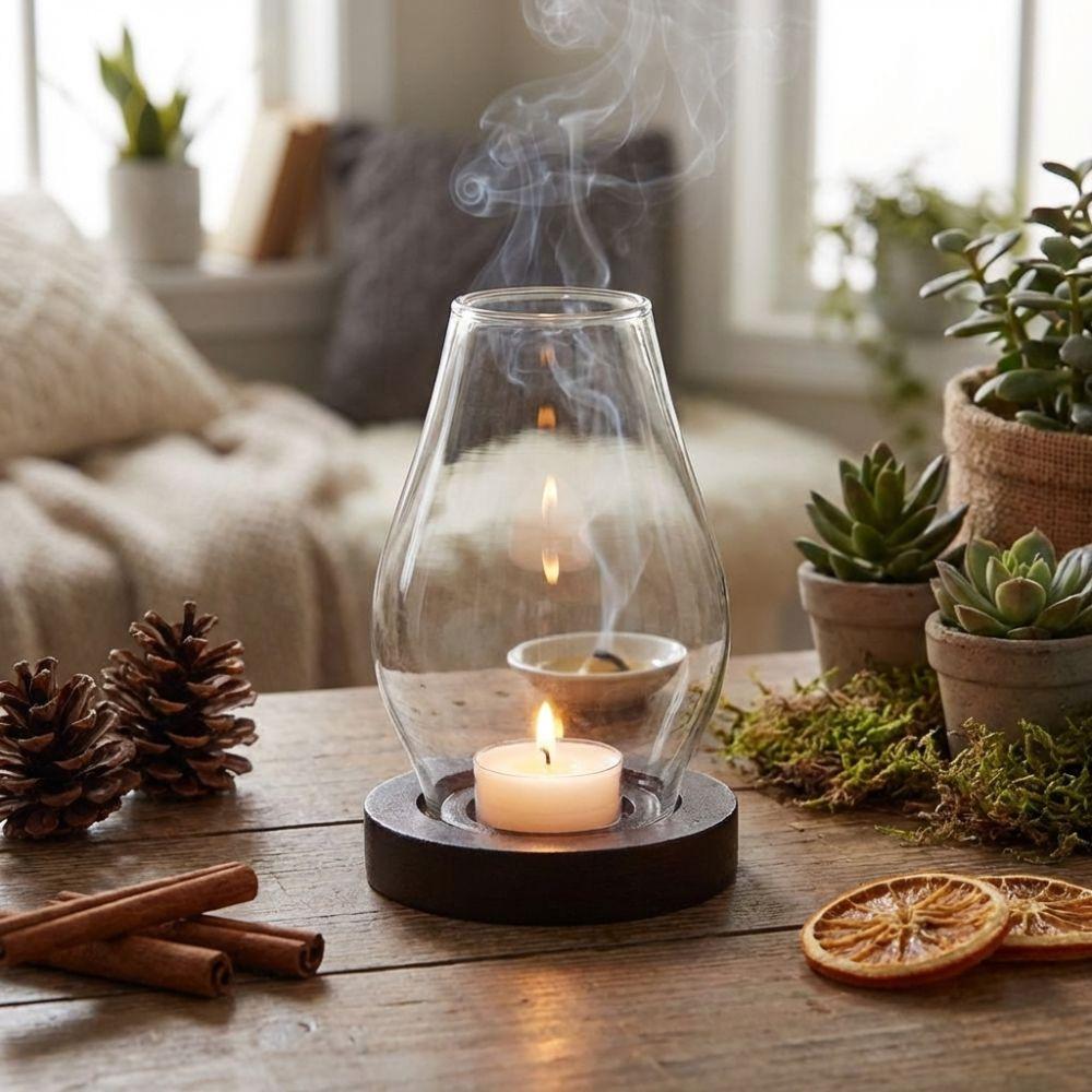 Solid Wood Base Glass Candle Holder Transparent Incenses Stove Lamp  Coffee Dining Room