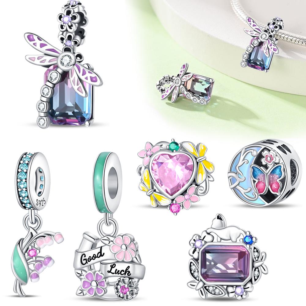Authentic Crystal Glass Cat Garden Beads & Shiny Square Dragonfly Dangle Charm Fits Original Bracelet 925 Sterling Copper Beads