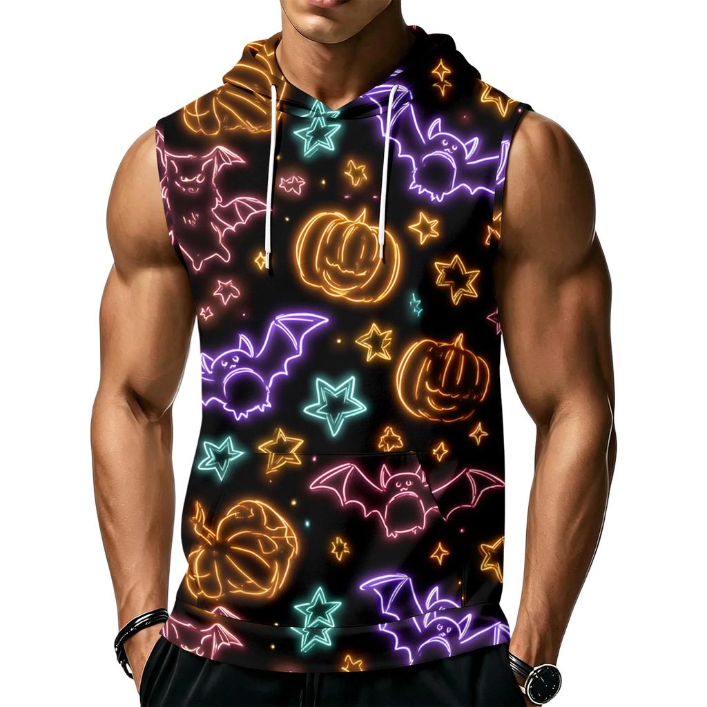 Men's Halloween Print Hooded Tank Top Casual Sleeveless Vest with Pockets Drawstring
