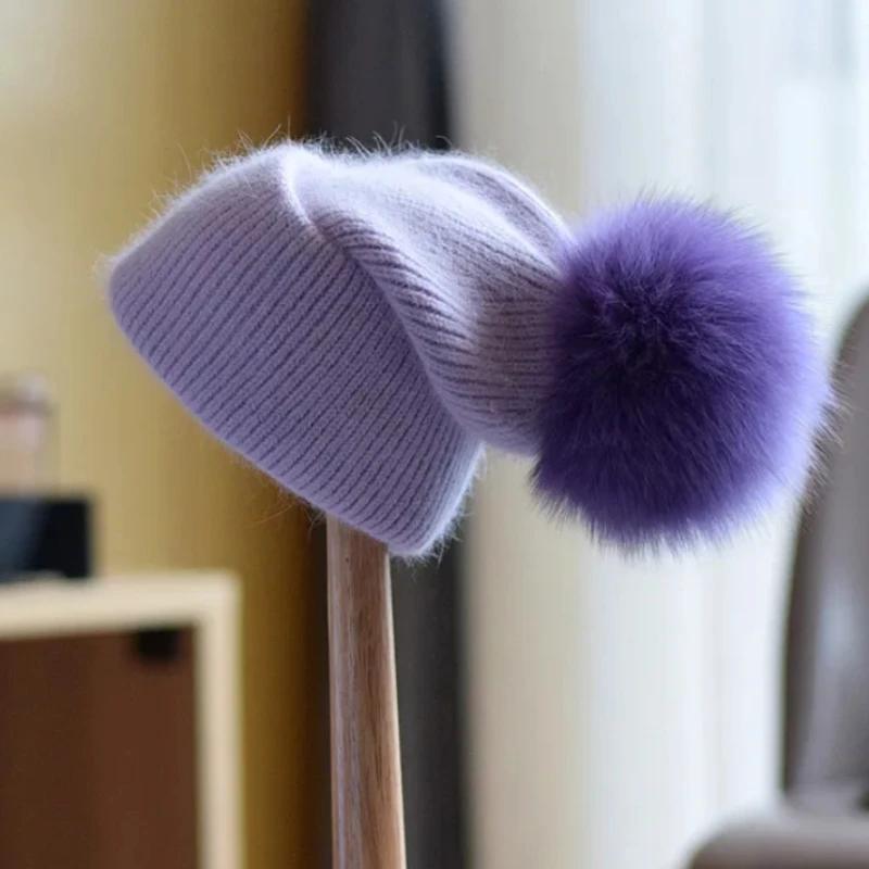 New Rabbit Fur Knitted Hats For Women Real Fox Fur Pom Poms Hat Large Pompom Outdoor Warm Skullies Beanie Winter Hat Christmas