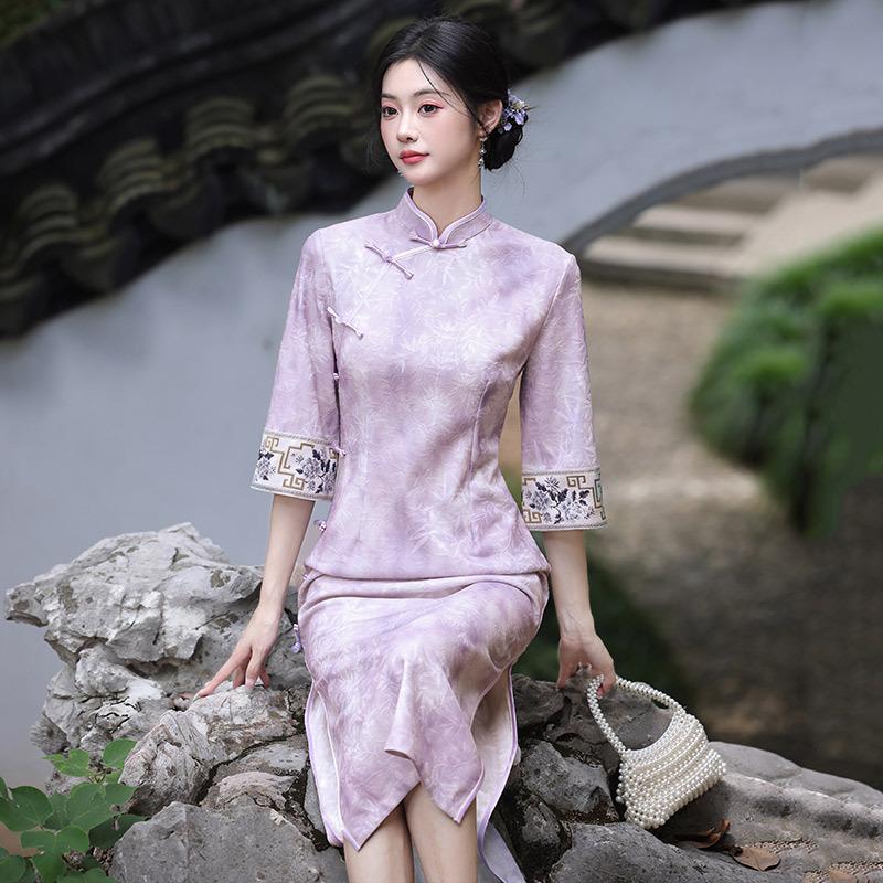 Purple National Style New Chinese Suzhou Autumn Medium-sleeved Cheongsam Improved Young Women's Retro Slim Waist Spring and Autumn Clothing