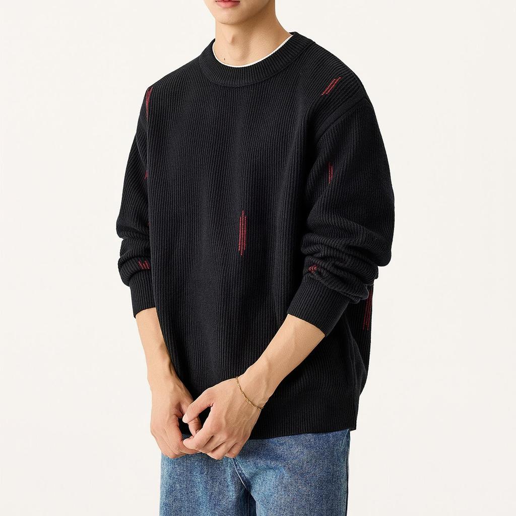 Men's High-End Round Neck Knit Sweater - Black & Red, Warm Autumn/Winter Inner Wear, In Stock with Tags