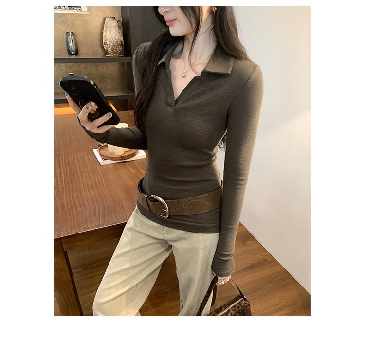 Elegant Korean Style Grey Slim Fit Lapel T-shirt: Women's Autumn/Winter Long Sleeve Base Layer Top