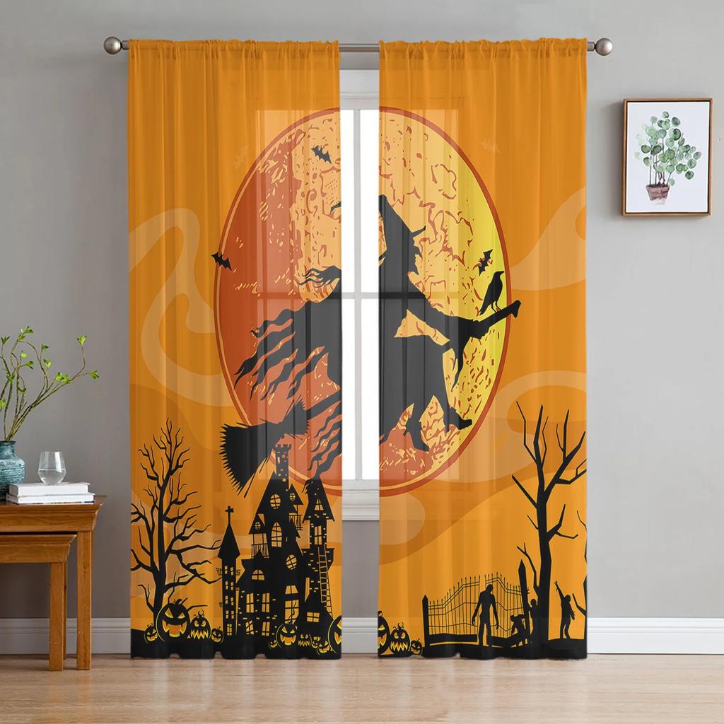 Halloween Bat Pumpkin Curtain Window Tulle Living Room Bedroom Kitchen Chiffon Treatment Decorations Curtains Light Filtering Polyester Sitting