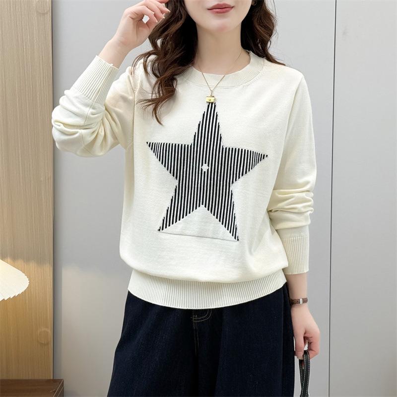 

2026 Spring Plus Size Women’s Round Neck Star Jacquard Sweater, Stretch Knit Pullover 1413. 4XL