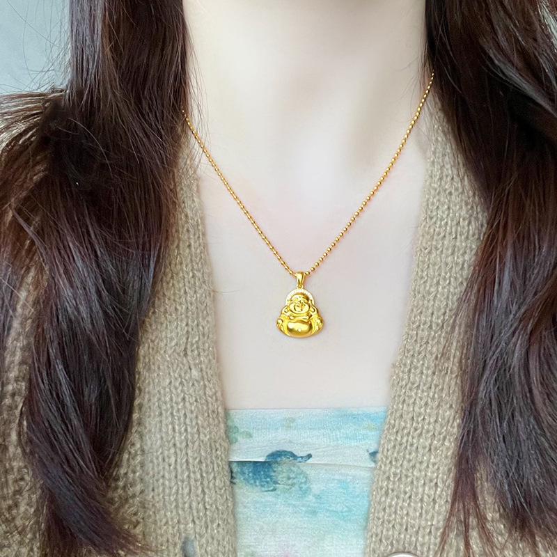 Diamond-Encrusted Smiling Maitreya Buddha Pendant Necklace - Gold With Sand Inlaid Diamonds, Women's Collarbone Chain