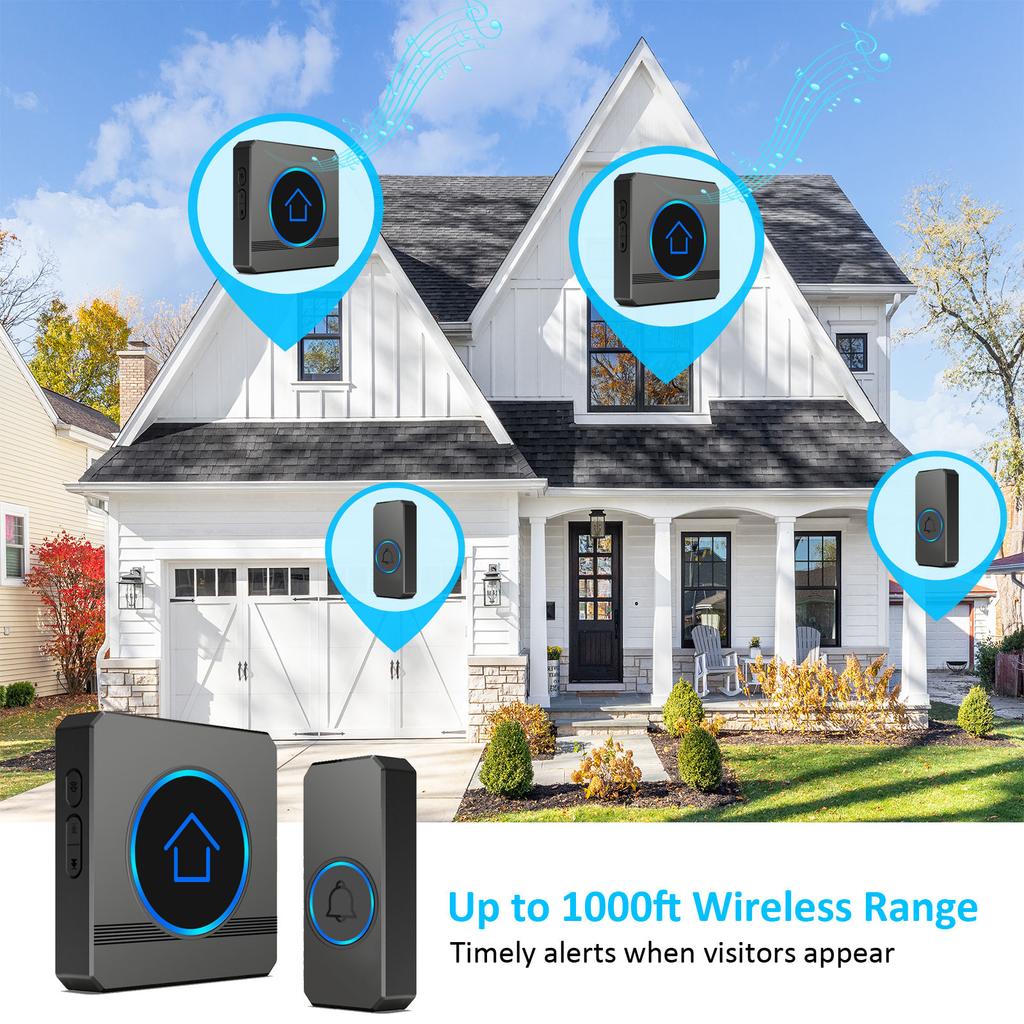 Smart Wireless Doorbell 1to2 Plug in Waterproof Operating 1,000 Feet Long Range Cordless Doorbell with 60 Chimes 5 Volume Levels