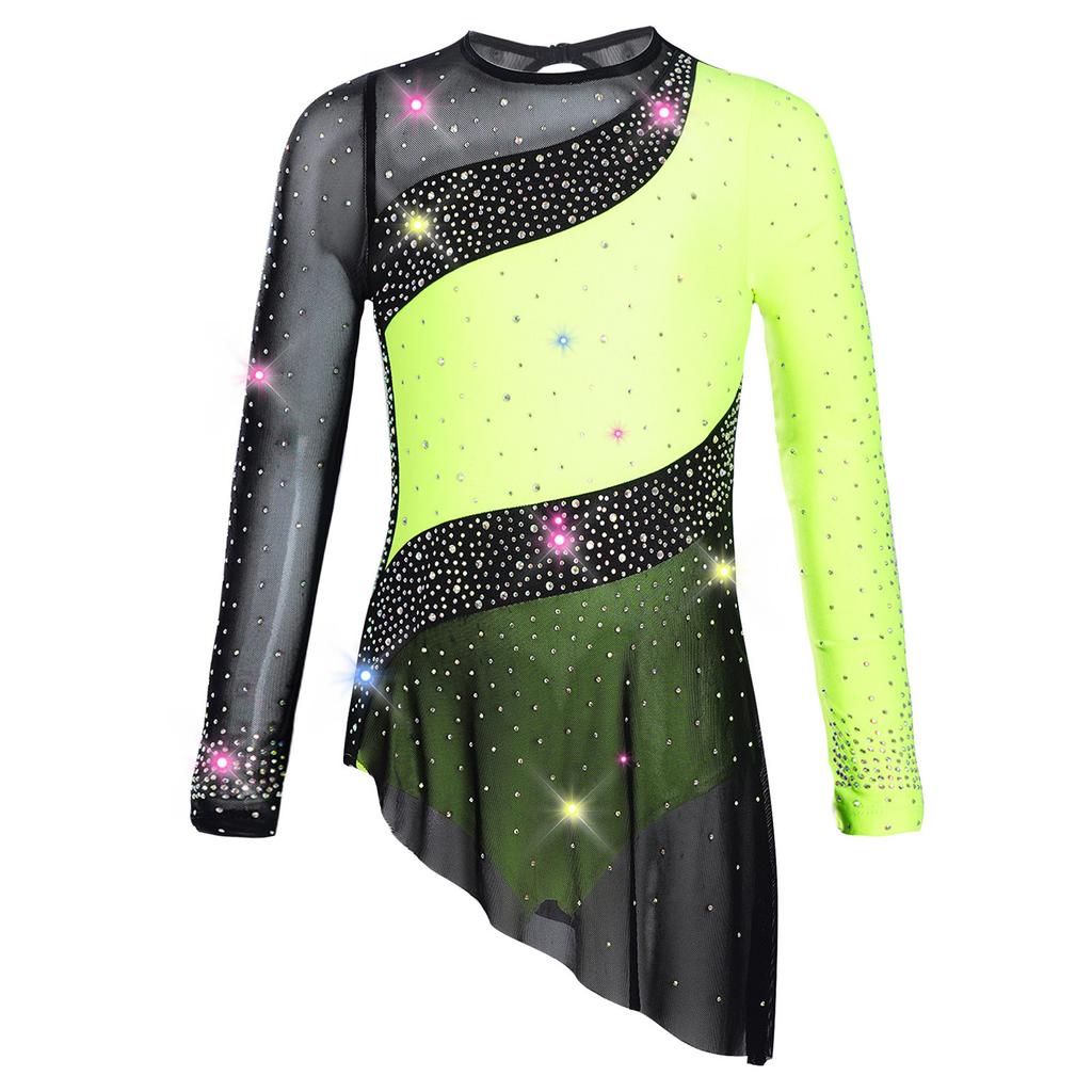 Girls Gymnastics Costume Long Sleeve Sheer Mesh Design Patchwork Sparkling Rhinestones Color Block Leotard