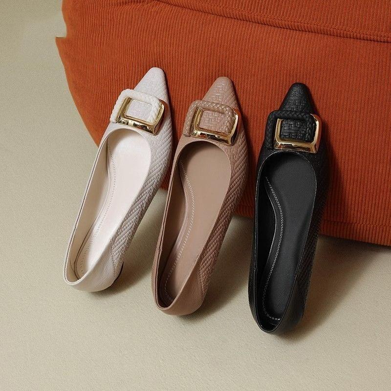 2025 New Block Heel Versatile French Heel Shoes Low Heel Leather Shoes for Women Summer Adhesive Single Shoes Pointed Toe