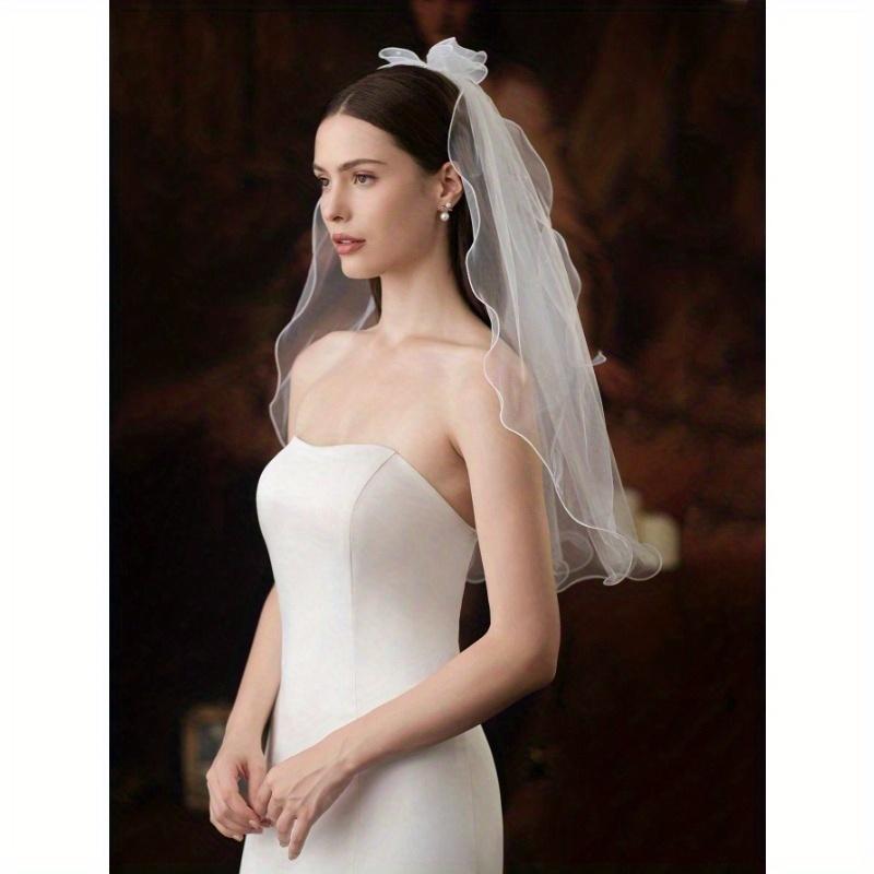 1pc Bow & Pearl Decor Bride Wedding Short Veil, Cute & Simple Edged Design
