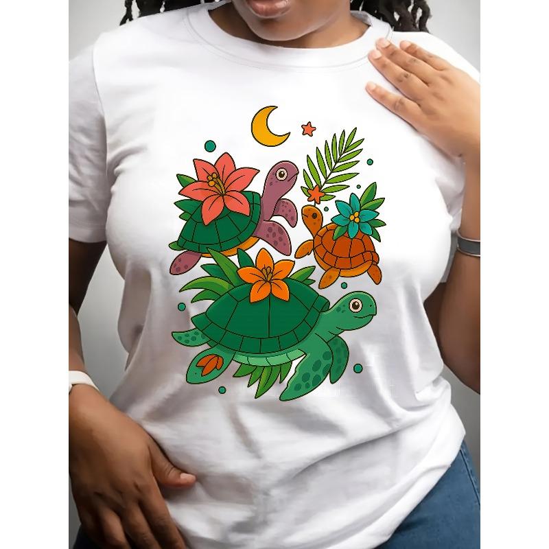 Flower and Turtle Lady Short-sleeved, Round-neck Short-sleeved S T-shirt, Regular Length, Casual Short-sleeved T-shirt S белый