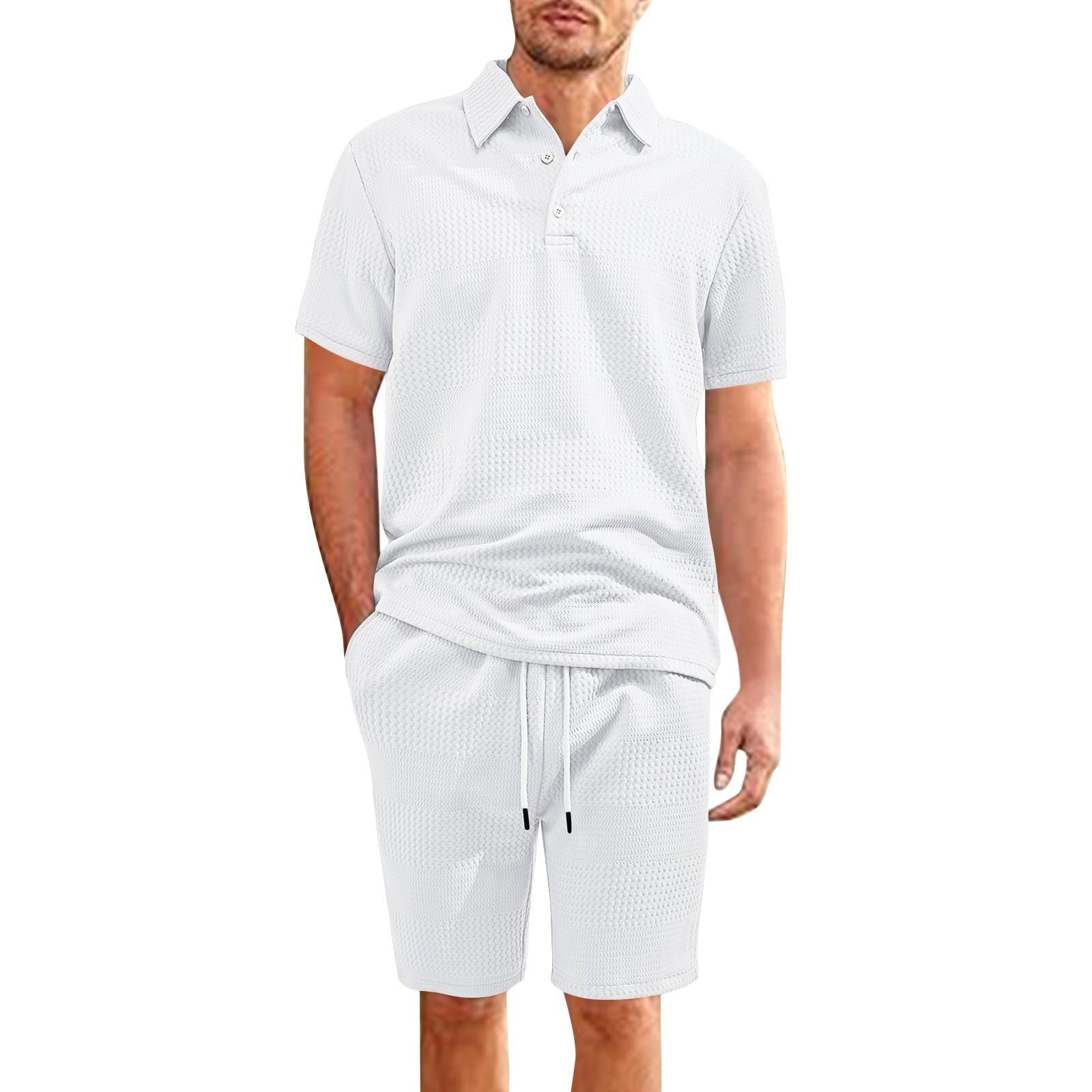 

Мужская летняя однотонная рубашка с коротким рукавом и лацканами на пуговицах, комплект из шорт XL белый