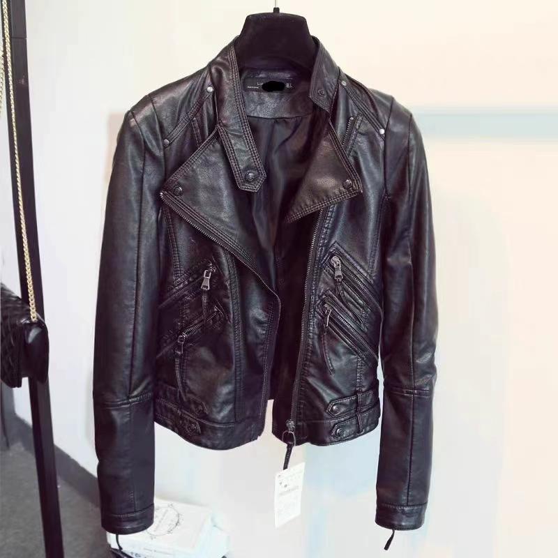 

Женская кожаная куртка черного цвета на флисовой подкладке, на молнии, приталенная, мотоциклетная куртка, короткая верхняя одежда, больших размеров S (recommended 80-46kg) чёрный