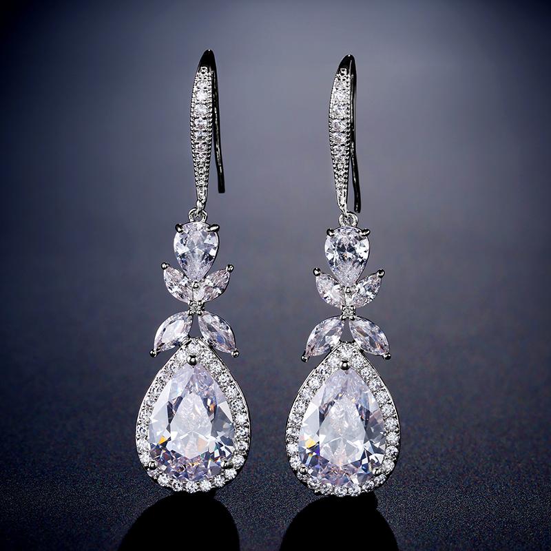 ZAKOL Elegant Shiny AAA Cubic Zirconia Leaf Tassel Earrings for Women Fashion Sliver Color Birthday Wedding Zircon Gift