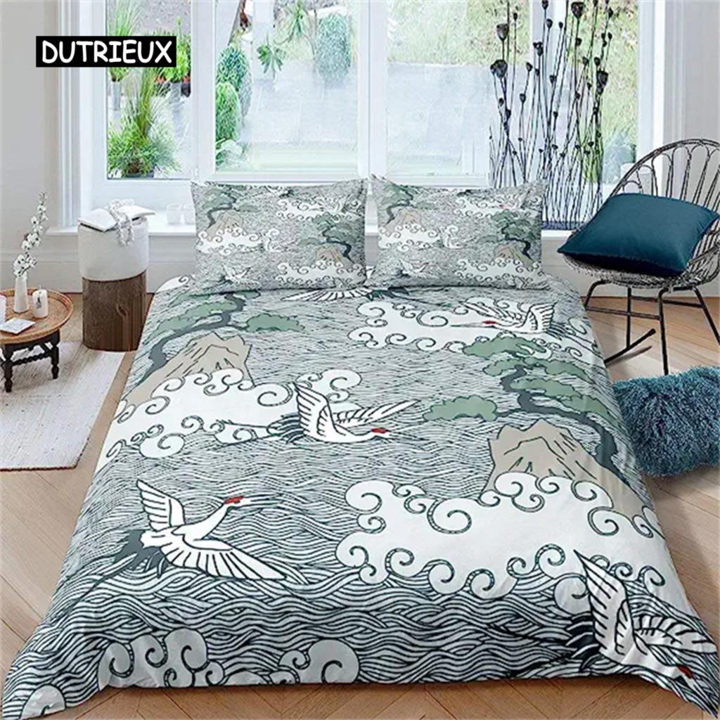 Duvet Cover Japanese Style Sea Ocean Waves Nautical Hand Drawn Japanese Style Cover Illustration Ukiyoe Themed Decor Blue Cream