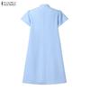 ZANZEA Women Elegant Casual Stand Collar Solid Color Loose Short Sleeve Dress