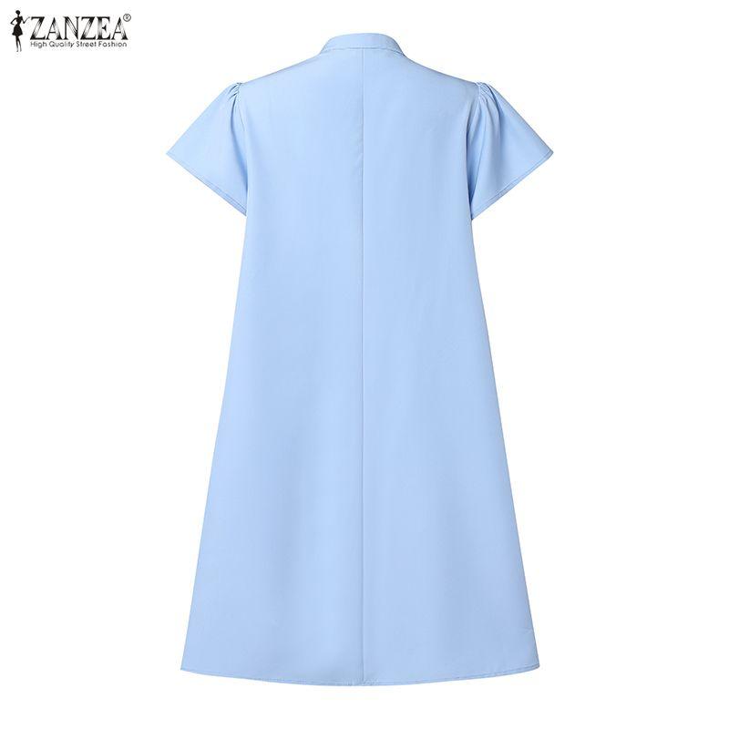 ZANZEA Women Elegant Casual Stand Collar Solid Color Loose Short Sleeve Dress