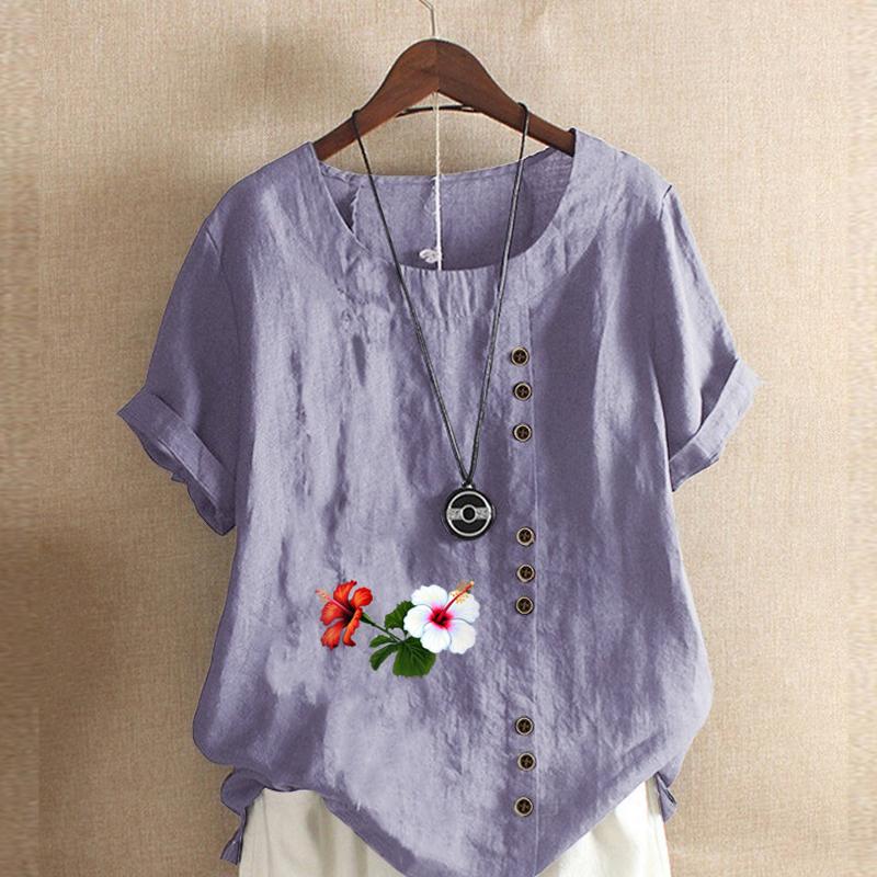 Women's Fashion Round Neck Short Sleeve T-shirt Casual Cotton Linen Graphic Shirt Leisure Loose Flowers Prined Summer Blouse Tops