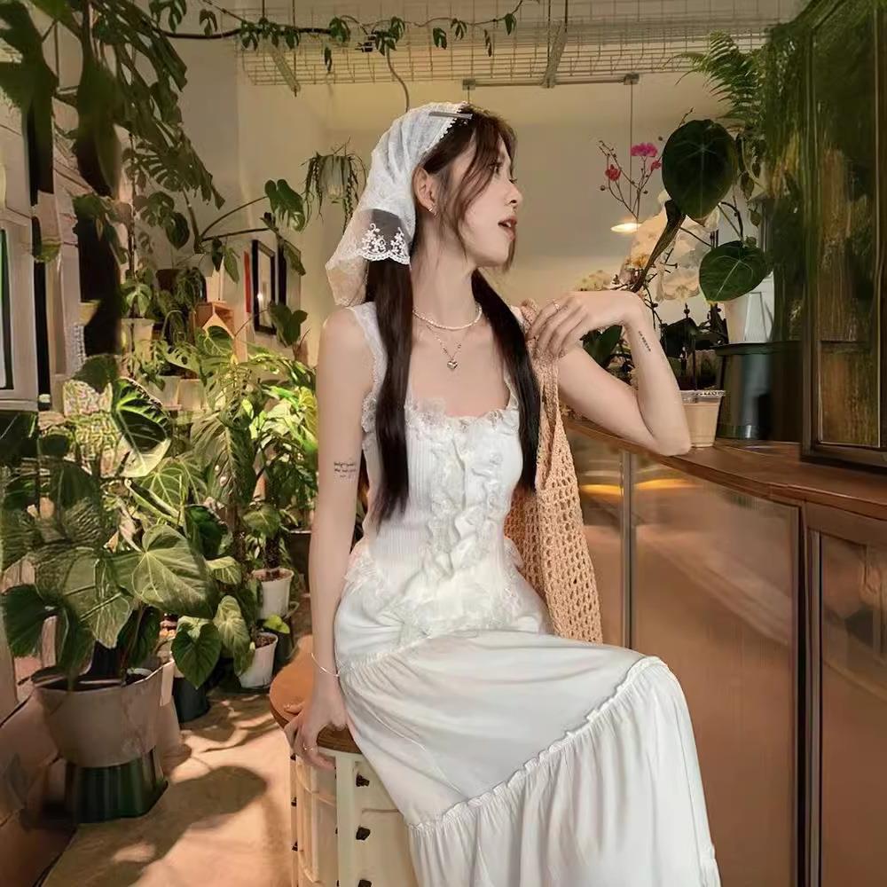 Suit Women's Summer Sweet and Spicy Lace Suspender Vest Super Fairy Long Dress White Skirt Two-piece Set Gentle Wind