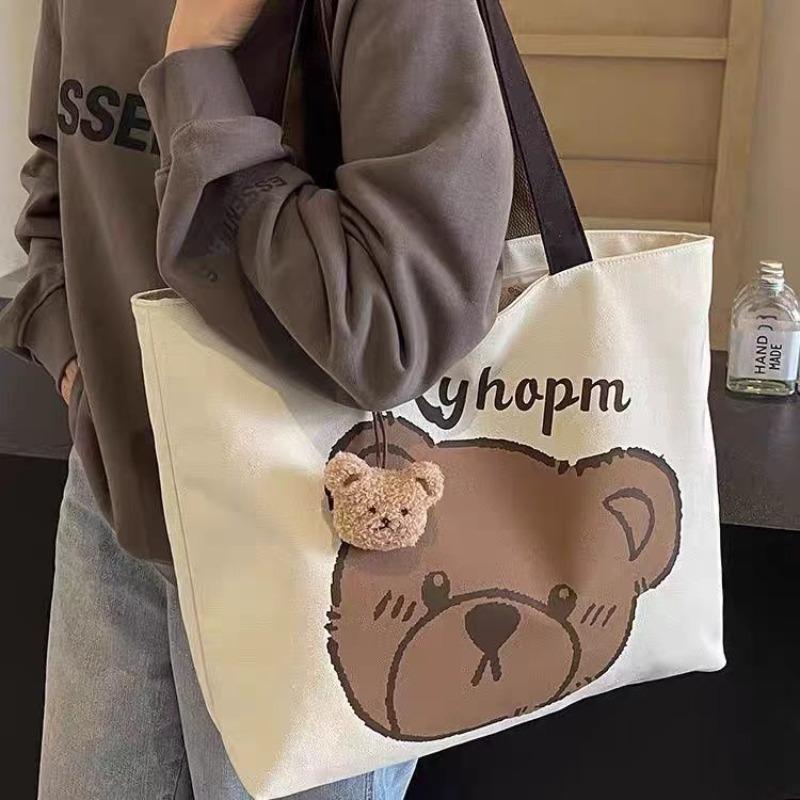 Lässige große Tasche Damen Sommer Neu Cartoon Bär Canvas Tasche Studenten Pendeln zur Vorlesung Schulter-Tragetasche