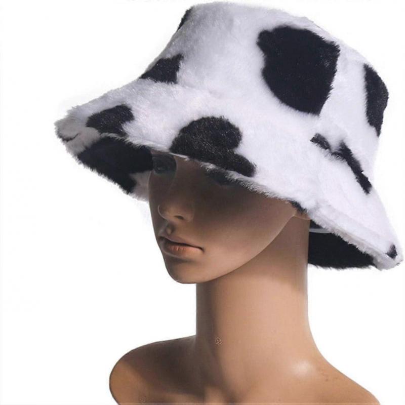 Milk Cow Print Faux Fur Bucket Hat - Fluffy Winter Fisherman Cap