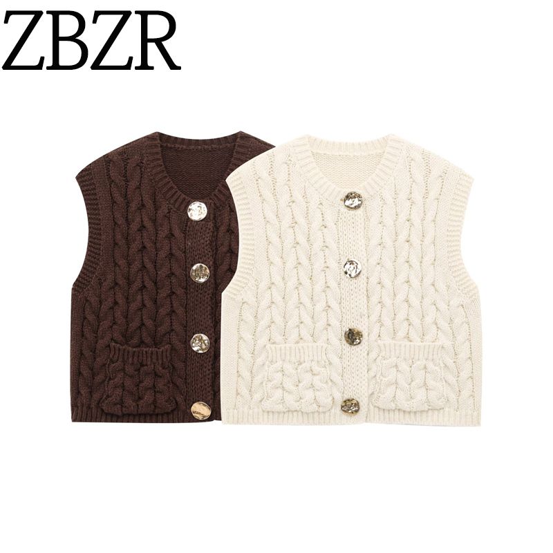 Zbzr Summer New Arrival Women's Clothing Fashion Style Stylish Simple and Versatile Cable Stitch Gold Button Thick Needle Vest