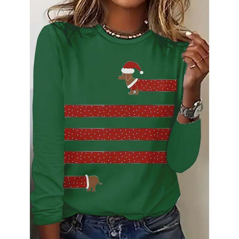 Spring and Autumn Round Neck 3D Dogs and Striped Patterns Printed Top Fashionable Casual Long Sleeved Women's T-shirts