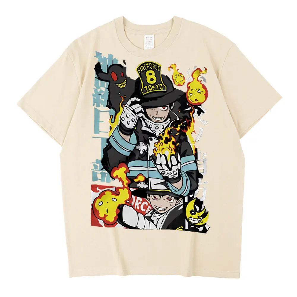 Fire Force T-Shirt Baumwolle Männlich Kawaii Koreanische Kleidung Retro Atmungsaktiv Klassisches Hemd Bunt Retro Anime Streetwear Damen