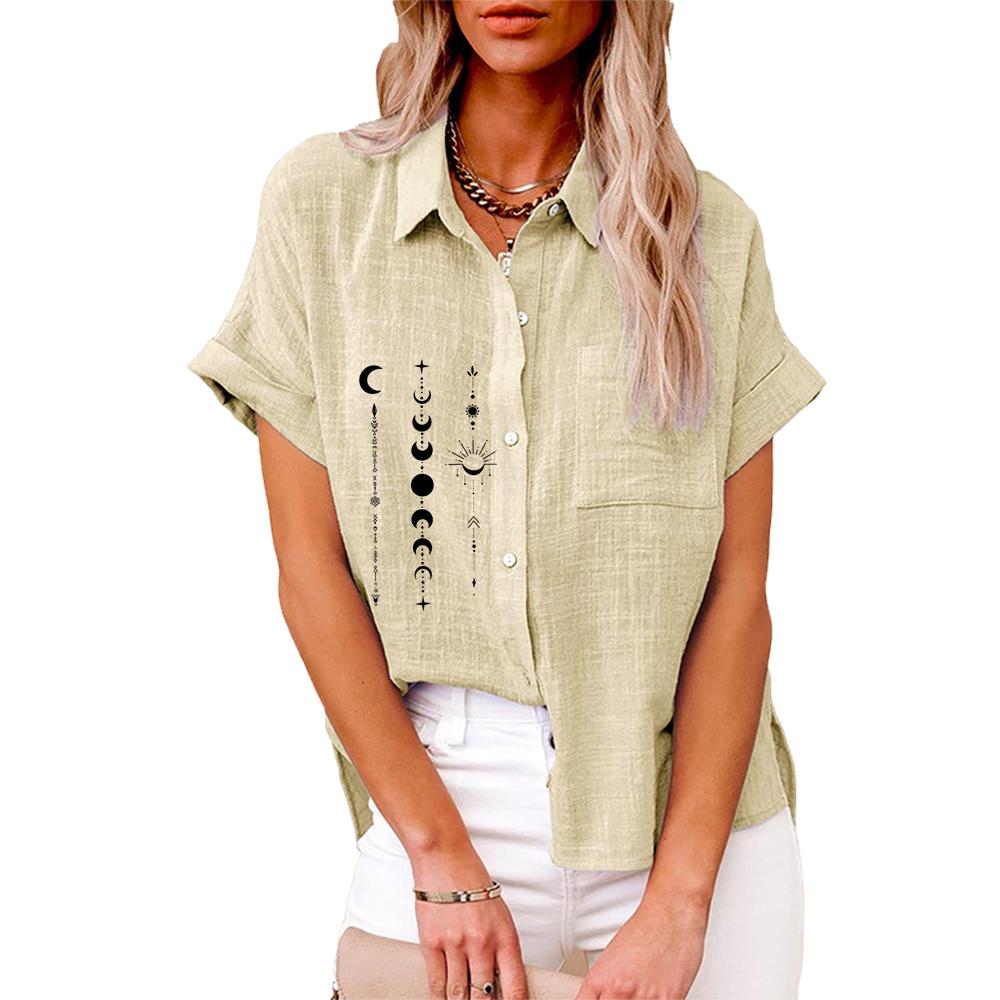 Plus Size Women Fashion Lapel Neck Print T-shirt Summer&autumn Casual Linen Top Ladies Buttoned Shrit Loose Short Sleeved Blouse