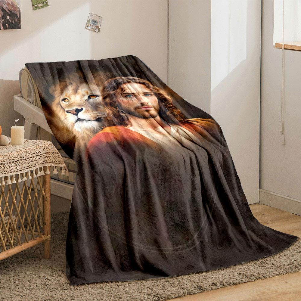 Jesus Lion Portrait Blanket Printed Blanket for Living Room Bed Couch Lunch Break Soft Cozy Blanket for Friend's Festival Gift