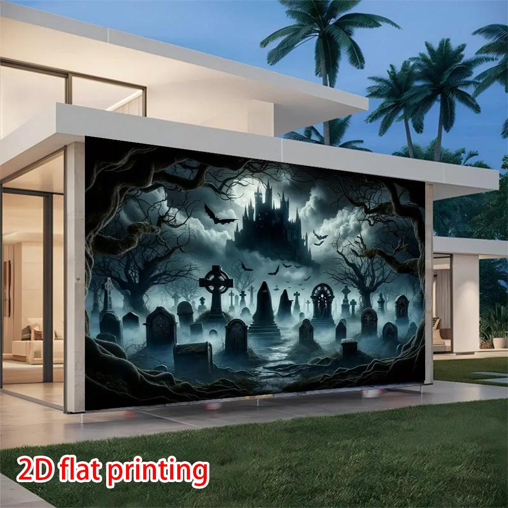 2D flat banner 1 Halloween party background banner eerie cemetery bats terrifying castle.PMJ
