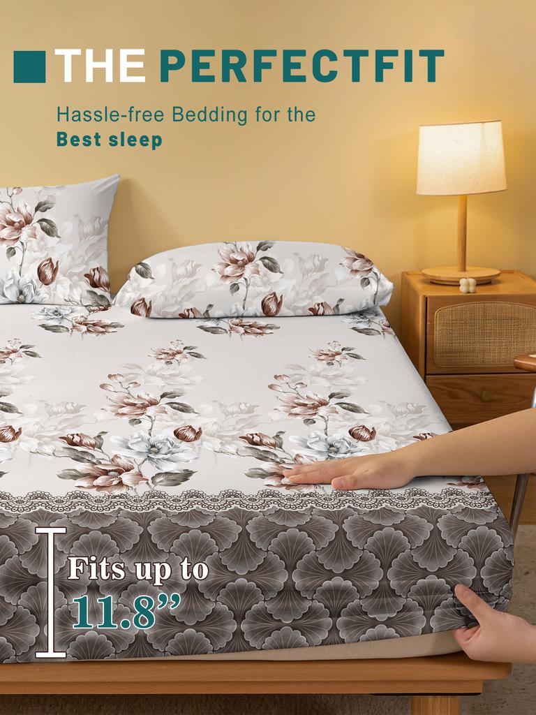 1 Simple Modern Plant Flower Printed Matte Fitted Sheet, Bedroom Printed Bed Cover, Bedding (Excluding Pillowcases)