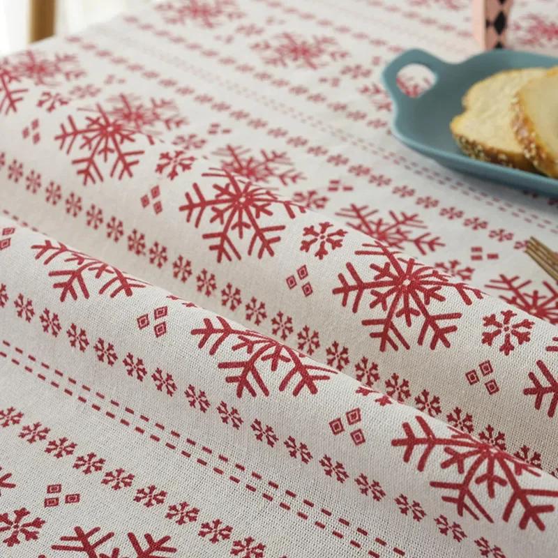 Red Snowflakes Christmas Table Cloth Customizable Linen Cotton Tablecloth for Wedding Banquet Party Kitchen Washable Table Cove