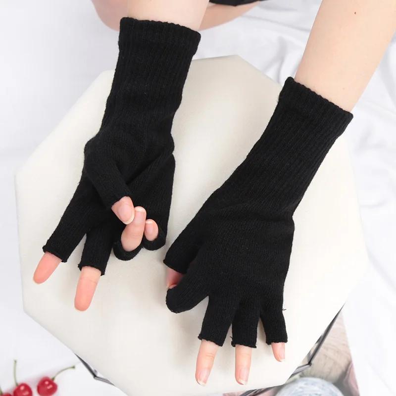 Elastic Fingerless Gloves Winter Warm Black Knitted Thermal Mittens Fashion for Men Women Driving Riding Office Work