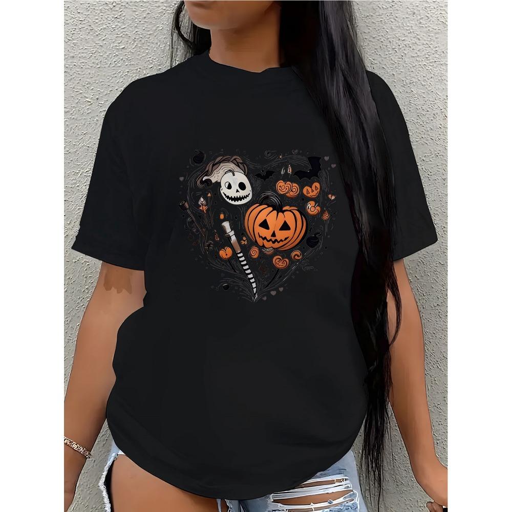 

Women S Halloween T-Shirt Black Spooky Pumpkin Bat Witch Hat Graphic Tee Summer Sleeved Harajuku Streetwear Tops S