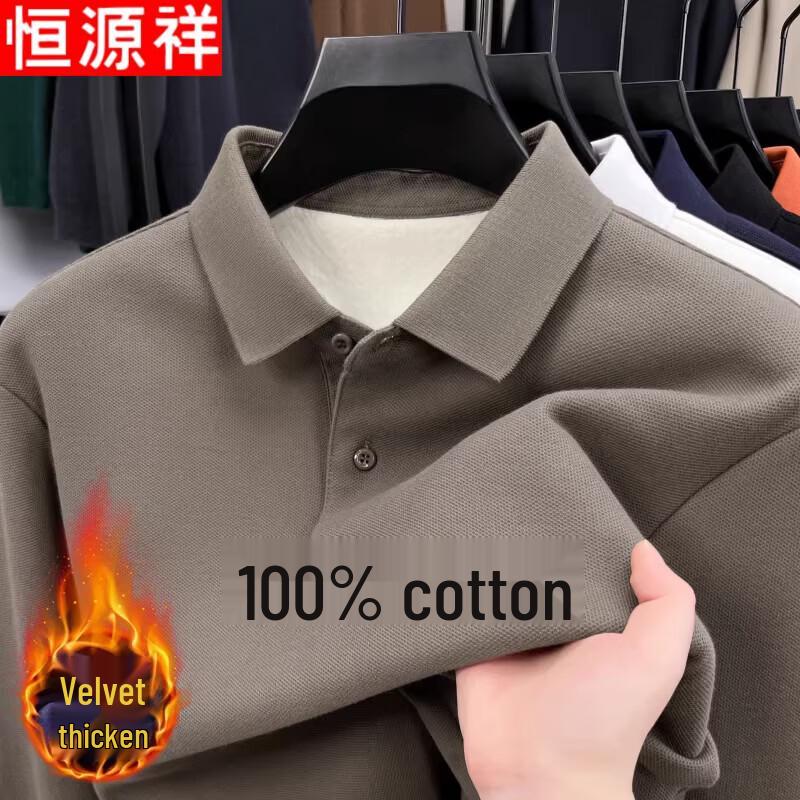 Hengyuanxiang Men s Premium Fleece-Lined Pure Cotton Long-Sleeved Polo Shirt 4XL