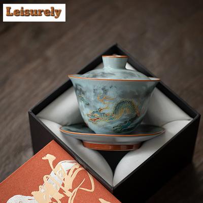 Ru Kiln Auspicious Dragon Gaiwan Traditional Tea Tureen Tea Bowl With Lid Kit Tea Maker Cover Bowl Chinese Tea Set Collection