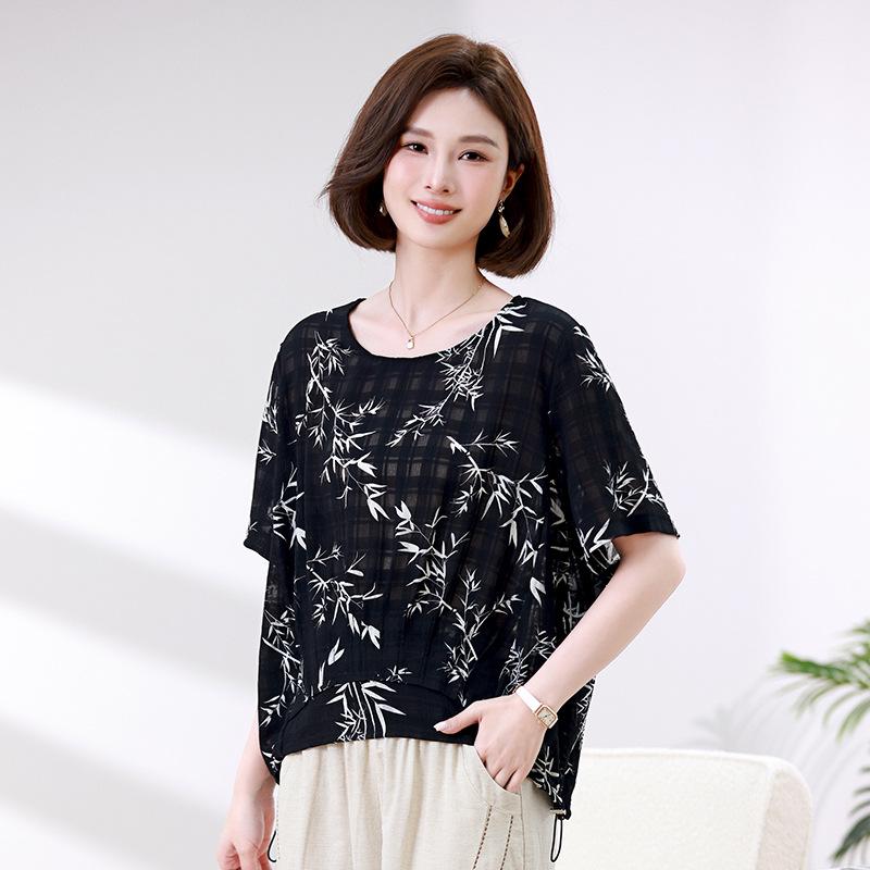 

Летняя женская шифоновая блузка 2025: Ретро принт в китайском стиле, рукав средней длины, свободный крой, омолаживающий, удобный топ M чёрный
